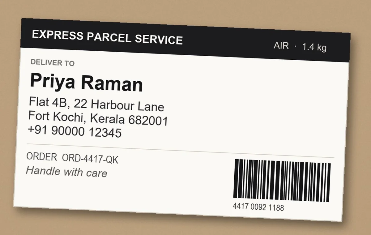 A parcel label showing a name, a street address and a phone number.