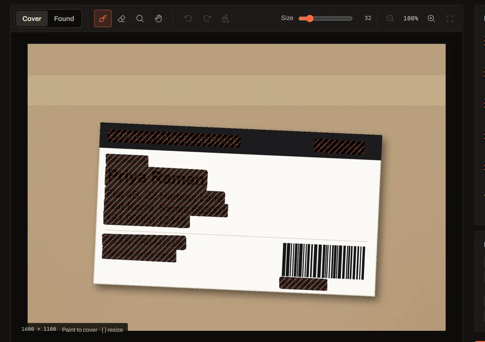 The editor: the parcel photo with hatched black blocks over every line of the label, and the tools above it.