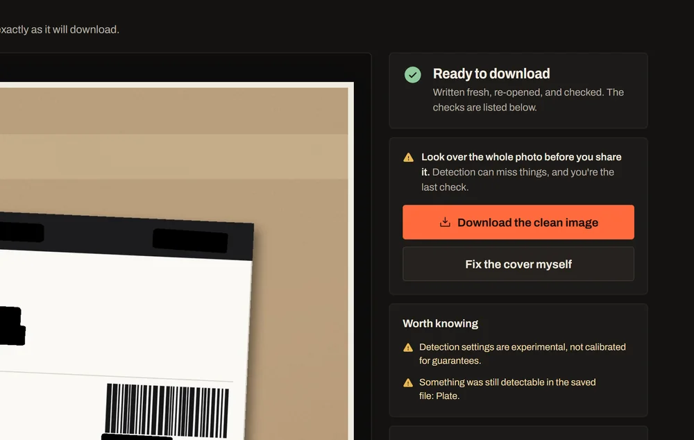The result panel: ready to download, the reminder to look at the photo, and the checks run on the saved file.