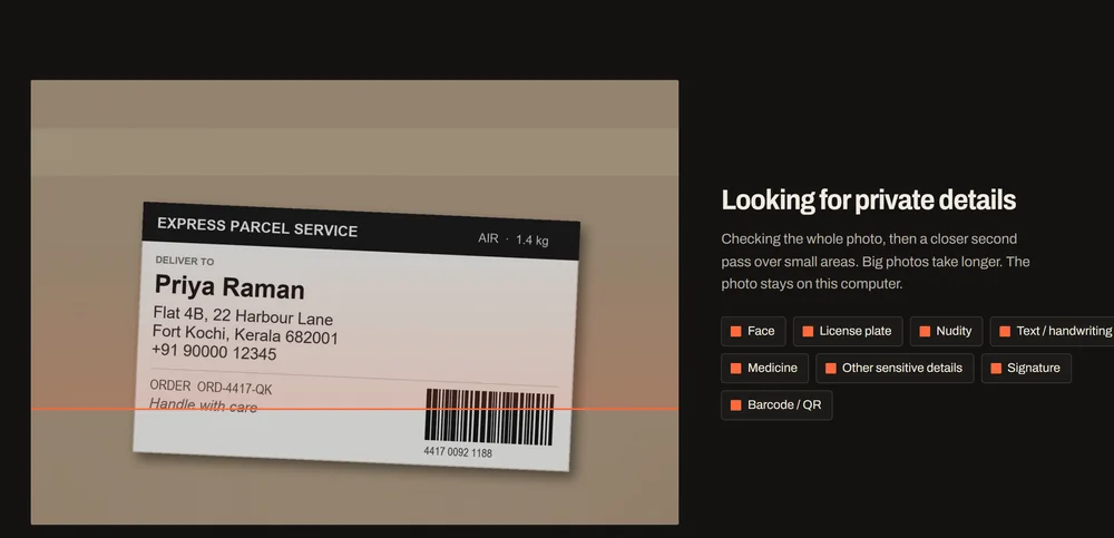 The scanning screen: the parcel photo with a marker-coloured line sweeping down it, beside the list of things being looked for.